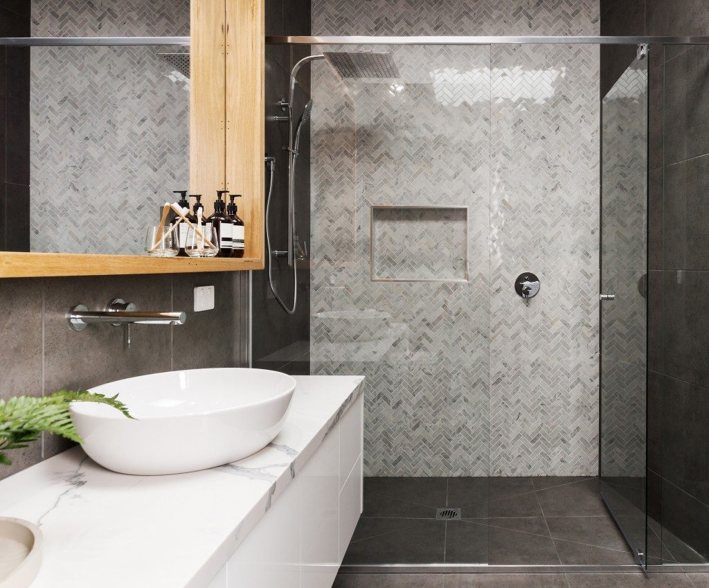 modern bathroom with sink and shower area