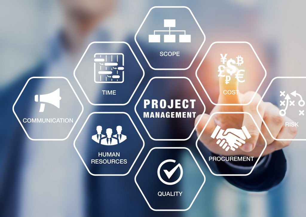 businessman pointing on an abstract icon chart of project management process