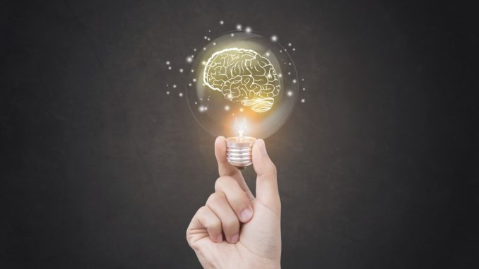 bright idea concept with brain inside a lightbulb